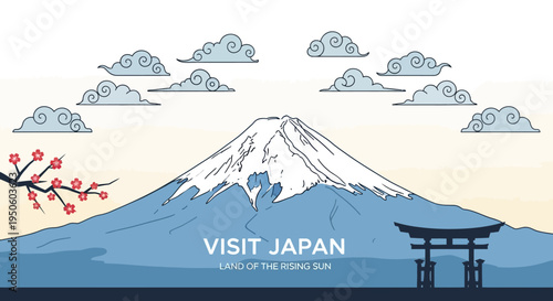 Iconic Mount Fuji and Torii Gate, Japan Travel Landmark Illustration