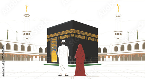 Holy Kaaba vector illustration with Muslim couple in Makkah, sacred Islamic pilgrimage Hajj and Umrah concept