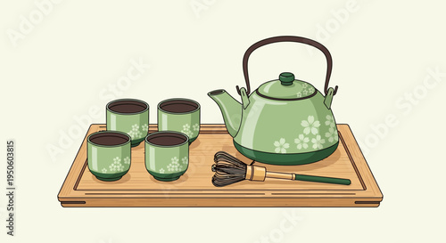 Japanese Tea Ceremony Set: Green Ceramic Teapot, Cups, and Whisk on Wooden Tray