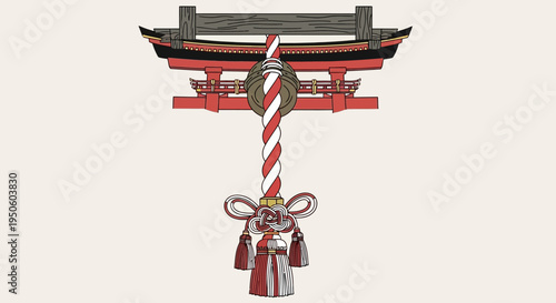 Japanese Torii Gate Symbol with Sacred Rope and Bell