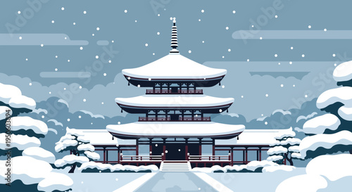 Pixel Art Japanese Temple in Snowy Winter Landscape