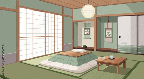 Cozy Japanese Kotatsu Room with Shoji Screens and Tatami Mats