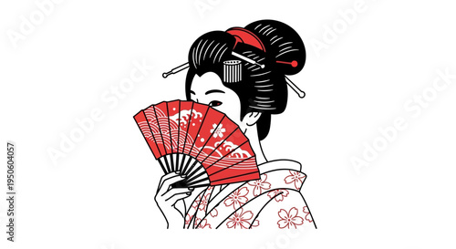 Elegant Geisha Holding a Red Fan, Traditional Japanese Culture