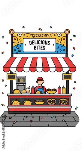 Delicious Bites Food Stall with Colorful Confetti and Happy Vendor