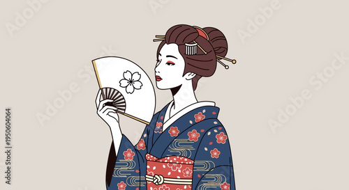 Elegant Japanese Geisha in Kimono Holding a Fan with Cherry Blossoms