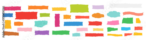 Colorful torn paper strips collage pieces, ripped paper rectangles, scrapbook craft decoration elements set on transparent background