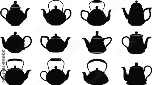 Collection of twelve diverse black silhouette teapots and kettles on a white background