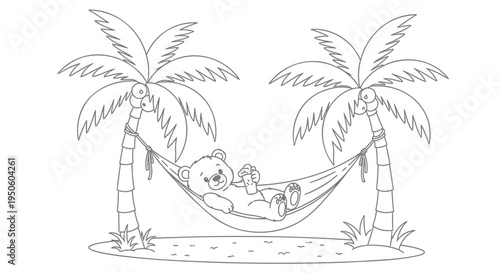 Vector illustration of a bear in a hammock between palm trees