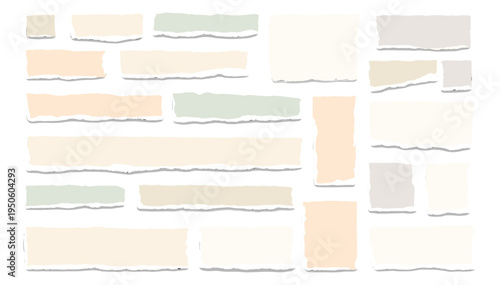 Pastel torn paper collage strips, ripped scrapbook banners and craft texture elements, abstract handmade decoration shapes and labels isolated on transparent background