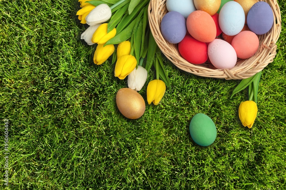Fototapeta premium Beautiful colorful Easter eggs on green grass