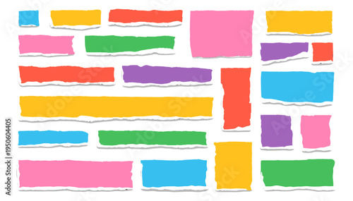 Colorful torn paper strips set, ripped collage pieces, scrapbook craft shapes and decorative paper elements on transparent background