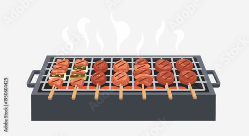 Barbecue Grill with Skewers of Meat Cooking Over Coals, Outdoor Cooking Concept