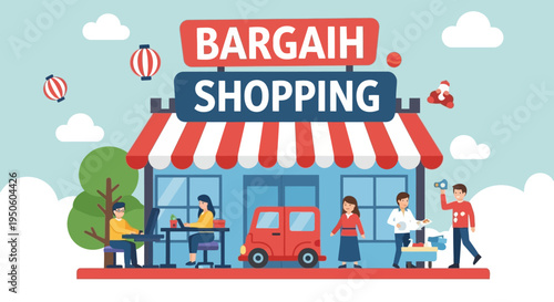 Bargain Shopping Concept: Happy Shoppers Enjoying Discounts Outside Storefront