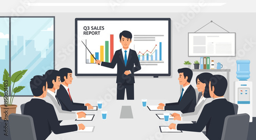 Business meeting: Sales report presentation in modern office boardroom