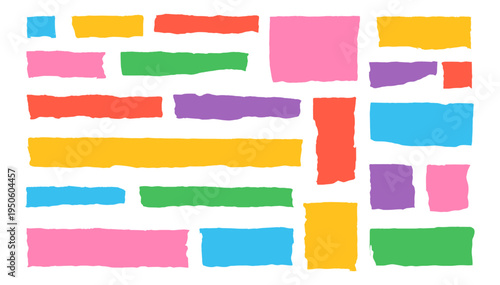 Colorful torn paper strips, ripped collage pieces, scrapbook craft shapes, decorative banners, frames and labels design elements set on transparent background