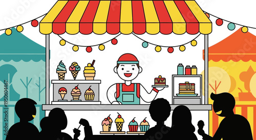 Street food stall with ice cream, pancakes, and happy customers at a fairground.