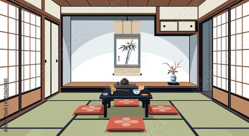 Traditional Japanese Room with Tea Ceremony Setting and Bamboo Scroll