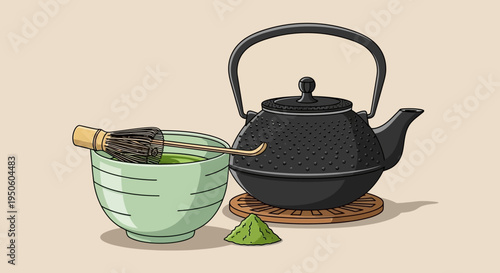 Traditional Japanese Matcha Tea Ceremony Set: Whisk, Bowl, and Kettle