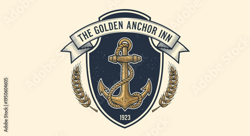 Classic Vintage Engraved Anchor Emblem Design for Nautical Inn or Maritime Business, Featuring a Shield, Ribbon, and Wheat Wreath Decoration
