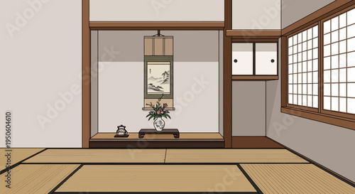 Japanese Room Interior with Tatami Mats and Scroll Painting