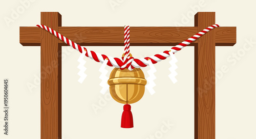 Japanese Torii Gate with Bell and Shimenawa Rope, Sacred Shinto Shrine Entrance