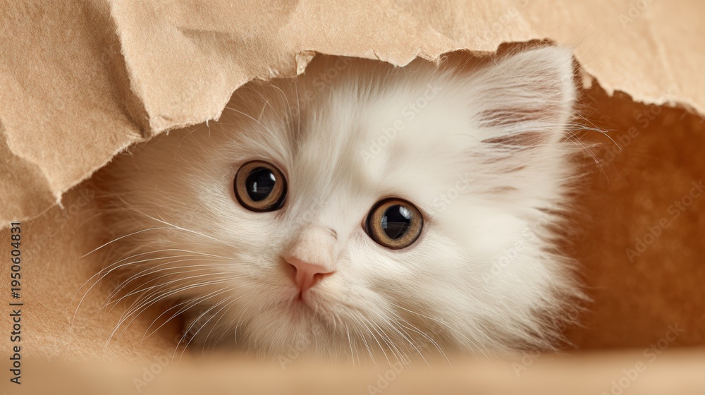 Obraz premium Fluffy White Kitten Peeking Out of Slightly Torn Paper Bag with Guilty Expression on Warm Beige Back
