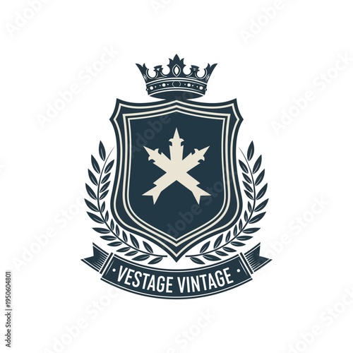 A classic shield emblem with a starburst design surrounded by laurel leaves and a banner, exuding vintage and decorative appeal