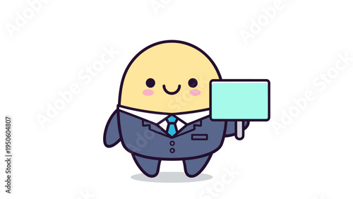 A cute cartoon egg character wearing a formal business suit while holding a small blank sign board Vector