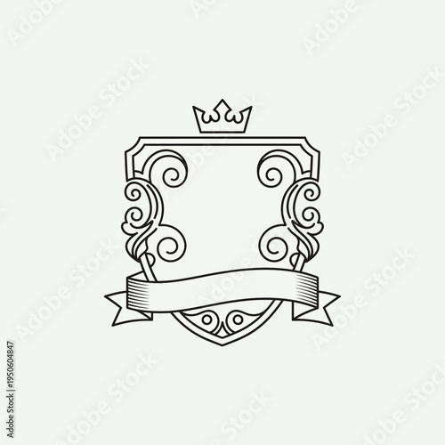 Elegant vintage crest with crown and ribbon, heraldic shield outline for luxury branding and design elements