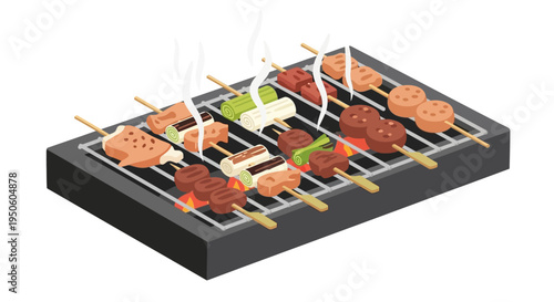 Barbecue Grill with Skewers of Meat and Vegetables Cooking Over Flames