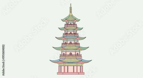 Colorful Japanese Pagoda Tower, Traditional Architecture, Pastel Colors, Minimalist Illustration