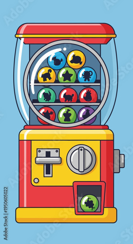 Retro Gumball Machine Filled with Animal Capsules on Blue Background