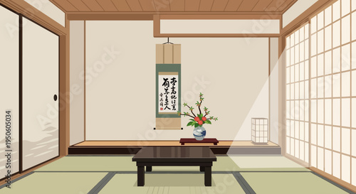 Serene Japanese Room Interior with Shoji Screens, Tatami Mats, and Ikebana Flower Arrangement