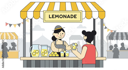 Summer Lemonade Stand: Girl selling refreshing lemonade to customer at outdoor market stall