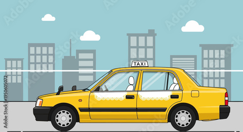 Yellow Taxi Cab Driving Through Cityscape with Buildings and Clouds