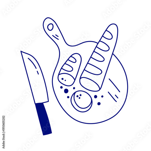 Hand-drawn vector illustration of a wooden cutting board with sliced French baguette and a kitchen knife. Minimalist blue contour line art isolated on white background for bakery, cafe design.