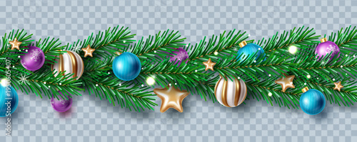Christmas pine garland border with colorful ornaments, stars, lights and festive decoration isolated on transparent background in realistic decorative illustration style.