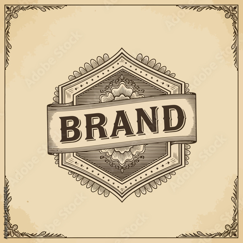 Elegantly Engraved Vintage Brand Emblem Design with Ornate Decorative Framework, Perfect for Retro Identity and Luxury Product Labeling