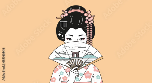 Elegant Geisha Holding Fan with Landscape Scene, Traditional Japanese Culture