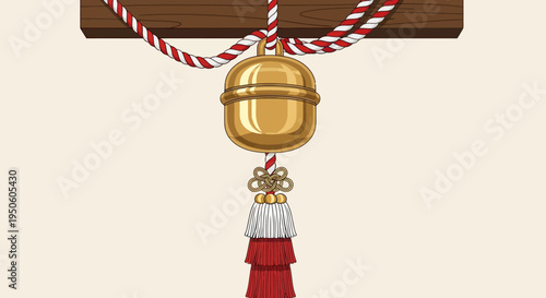 Golden Bell with Red Tassel Hanging from Wooden Beam