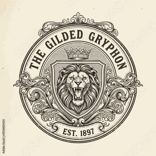 Vintage engraved heraldic crest emblem with a roaring lion and ornate decorative elements, perfect for branding and design projects