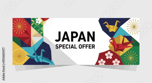 Japan Special Offer Banner with Origami Cranes and Geometric Patterns