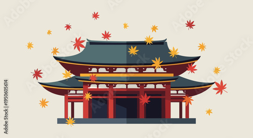 Japanese Temple Autumn Leaves Falling Flat Design Illustration