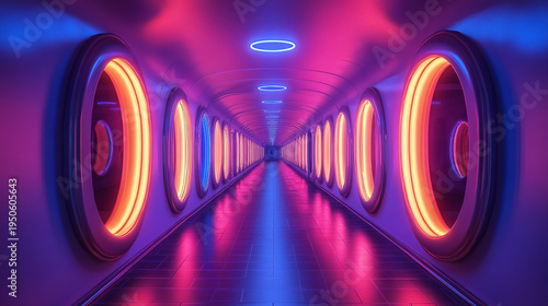 Wallpaper Mural Futuristic sci fi corridor with glowing windows and neon lights purple and pink hues sleek metallic surfaces and a long reflective floor creating a sense of depth and advanced technology Torontodigital.ca