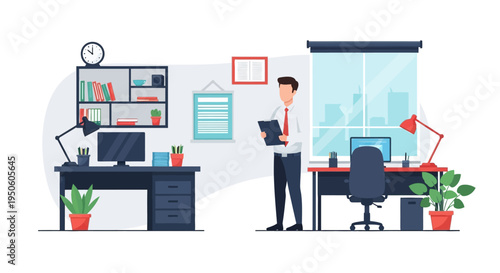 Modern Office Interior with Businessman and Desks, City View Window