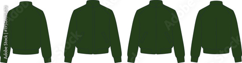 Set of four dark green bomber jackets with navy blue trim displayed from front and back views for a classic outerwear fashion collection