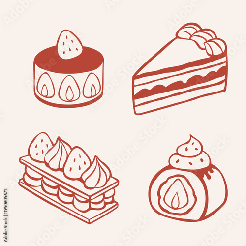 Hand-drawn vector set of desserts. Clip art of cakes, strawberry roll cake, mille-feuille. Line illustrations for menu design, food packaging, cafe stickers, or sweet themed projects.