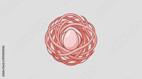 A delicate pink egg rests in a woven nest.