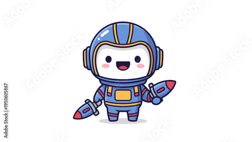 A cute cartoon astronaut character wearing a blue space suit and holding two small toy rockets Vector