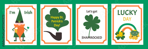 Saint Patrick's Day vector flat greeting cards collection. Green shamrock and leprechaun with rainbow and smoking pipe.